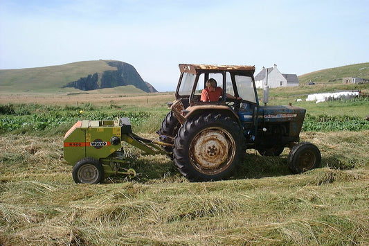 Blue Ford 4000 tractor towing a small green Wolvo R500 mini round baler through cut hay on Fair Isle, Shetland, showing how compact the baler is next to the tractor