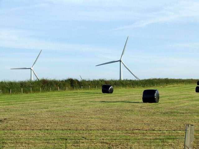 Round bales bound and wrapped in plastic film sitting in a green field